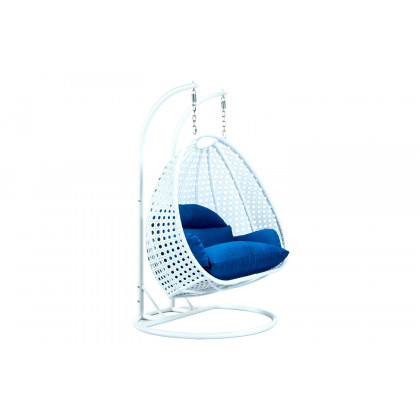 LeisureMod Modern White Wicker Hanging Double Seater Egg Swing Chair - Blue