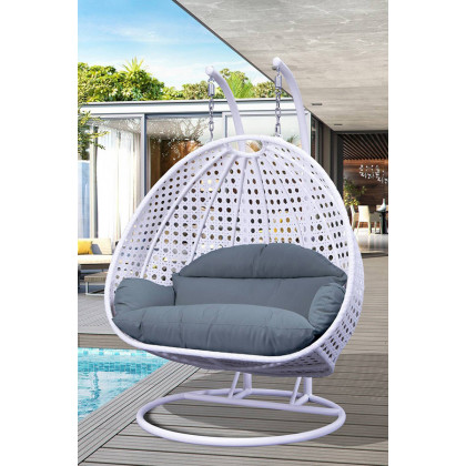 LeisureMod Modern White Wicker Hanging Double Seater Egg Swing Chair - Charcoal/Blue