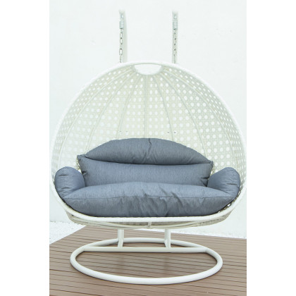 LeisureMod Modern White Wicker Hanging Double Seater Egg Swing Chair - Charcoal/Blue