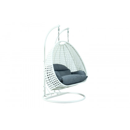 LeisureMod Modern White Wicker Hanging Double Seater Egg Swing Chair - Charcoal/Blue