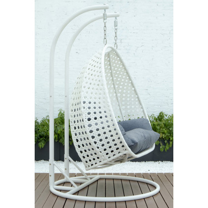 LeisureMod Modern White Wicker Hanging Double Seater Egg Swing Chair - Charcoal/Blue