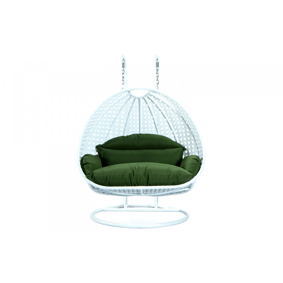 LeisureMod Modern White Wicker Hanging Double Seater Egg Swing Chair - Dark Green
