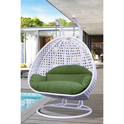 LeisureMod Modern White Wicker Hanging Double Seater Egg Swing Chair - Dark Green