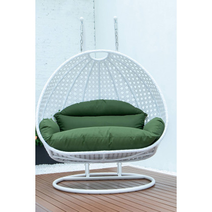 LeisureMod Modern White Wicker Hanging Double Seater Egg Swing Chair - Dark Green