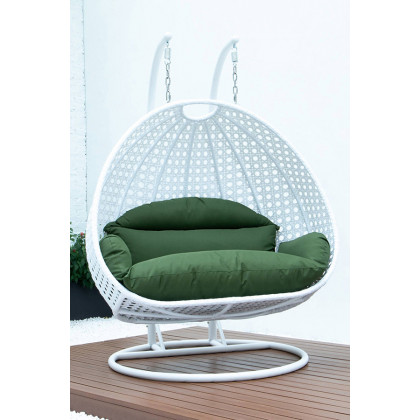 LeisureMod Modern White Wicker Hanging Double Seater Egg Swing Chair - Dark Green