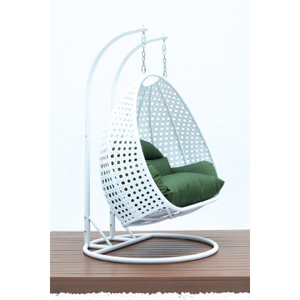 LeisureMod Modern White Wicker Hanging Double Seater Egg Swing Chair - Dark Green