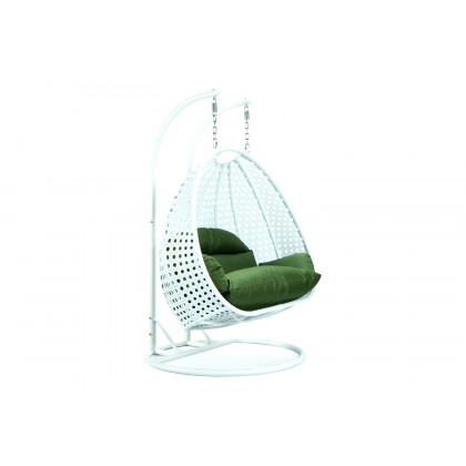 LeisureMod Modern White Wicker Hanging Double Seater Egg Swing Chair - Dark Green