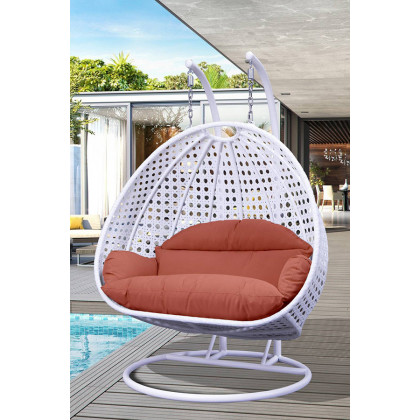LeisureMod Modern White Wicker Hanging Double Seater Egg Swing Chair - Dark Orange