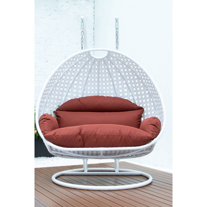 LeisureMod Modern White Wicker Hanging Double Seater Egg Swing Chair - Dark Orange