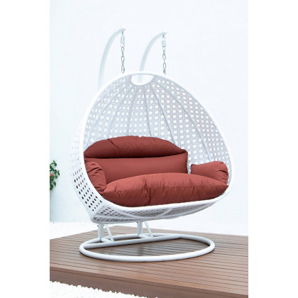 LeisureMod Modern White Wicker Hanging Double Seater Egg Swing Chair - Dark Orange