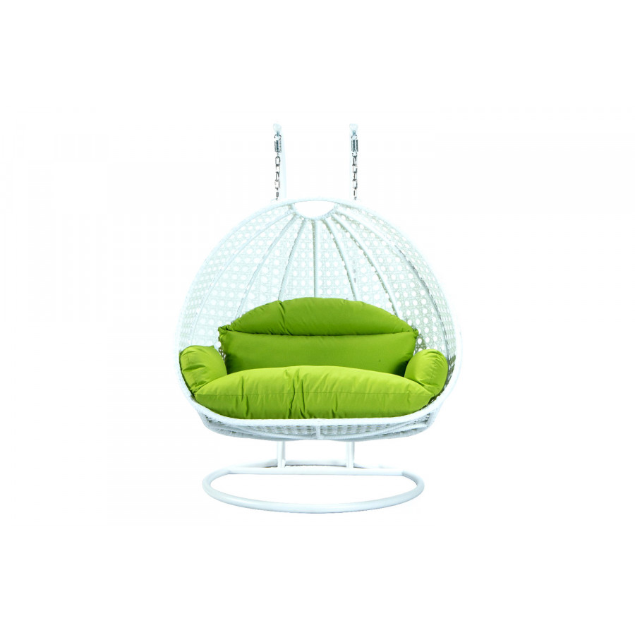 LeisureMod Modern White Wicker Hanging Double Seater Egg Swing Chair - Light Green