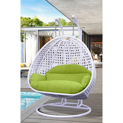 LeisureMod Modern White Wicker Hanging Double Seater Egg Swing Chair - Light Green