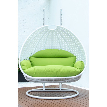 LeisureMod Modern White Wicker Hanging Double Seater Egg Swing Chair - Light Green