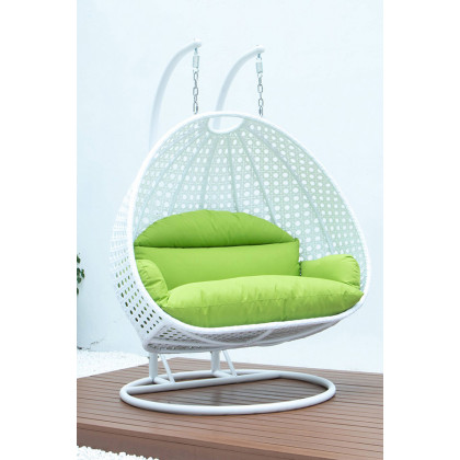 LeisureMod Modern White Wicker Hanging Double Seater Egg Swing Chair - Light Green