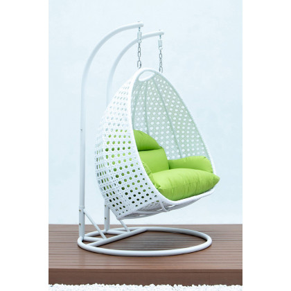 LeisureMod Modern White Wicker Hanging Double Seater Egg Swing Chair - Light Green