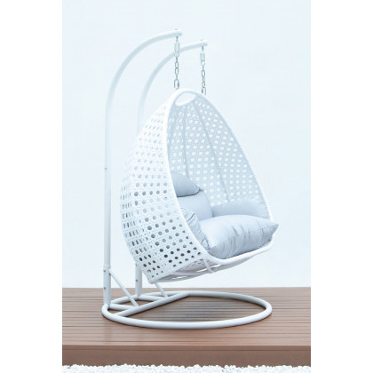 LeisureMod Modern White Wicker Hanging Double Seater Egg Swing Chair - Light Gray