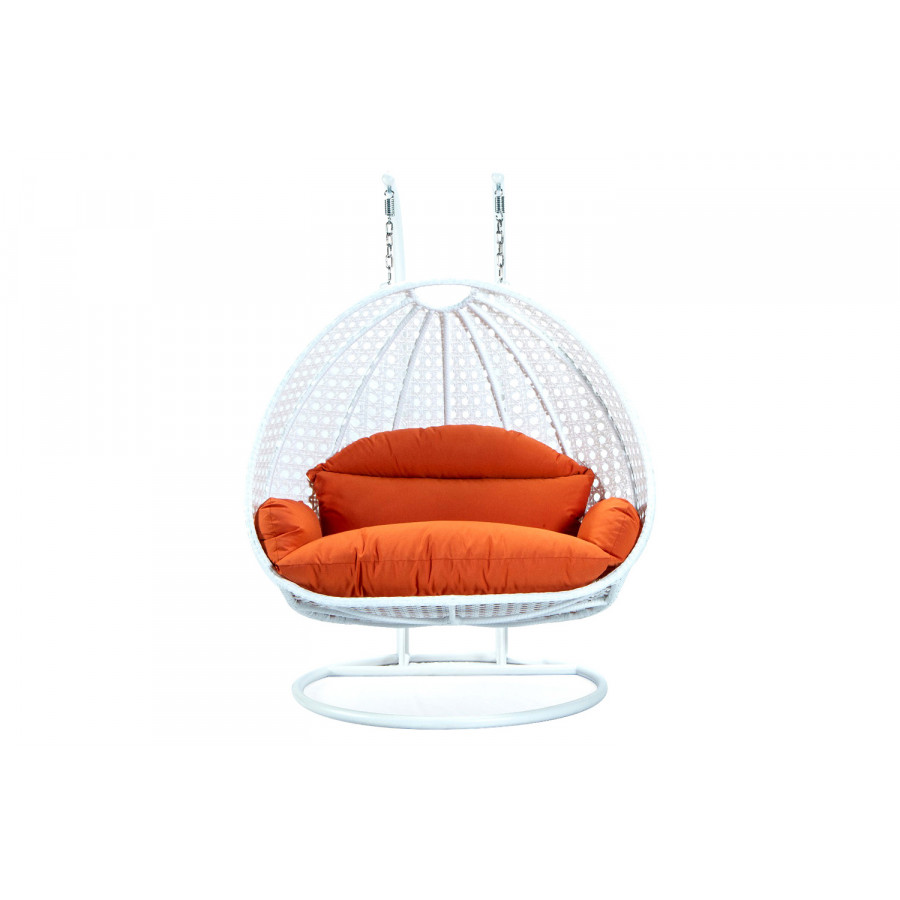 LeisureMod Modern White Wicker Hanging Double Seater Egg Swing Chair - Orange