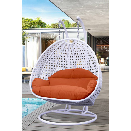 LeisureMod Modern White Wicker Hanging Double Seater Egg Swing Chair - Orange