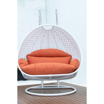 LeisureMod Modern White Wicker Hanging Double Seater Egg Swing Chair - Orange