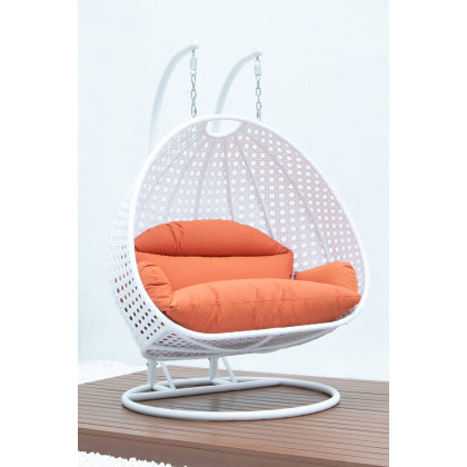 LeisureMod Modern White Wicker Hanging Double Seater Egg Swing Chair - Orange