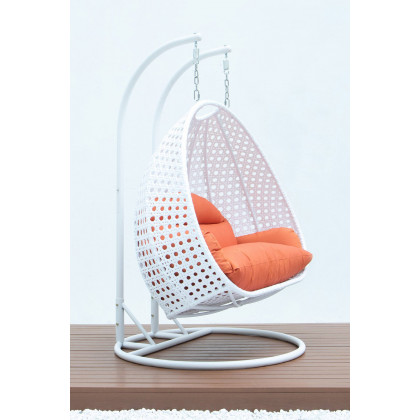 LeisureMod Modern White Wicker Hanging Double Seater Egg Swing Chair - Orange