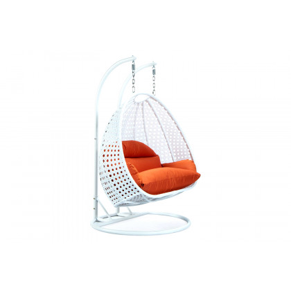 LeisureMod Modern White Wicker Hanging Double Seater Egg Swing Chair - Orange