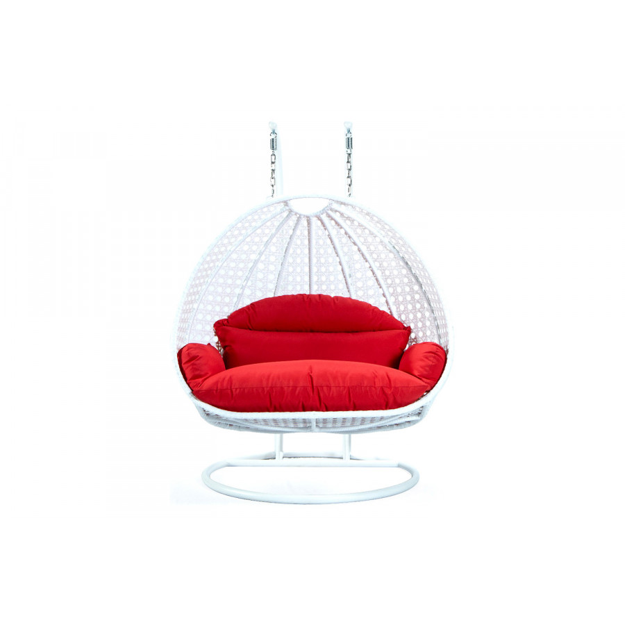 LeisureMod Modern White Wicker Hanging Double Seater Egg Swing Chair - Red