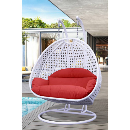 LeisureMod Modern White Wicker Hanging Double Seater Egg Swing Chair - Red