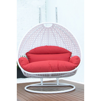 LeisureMod Modern White Wicker Hanging Double Seater Egg Swing Chair - Red