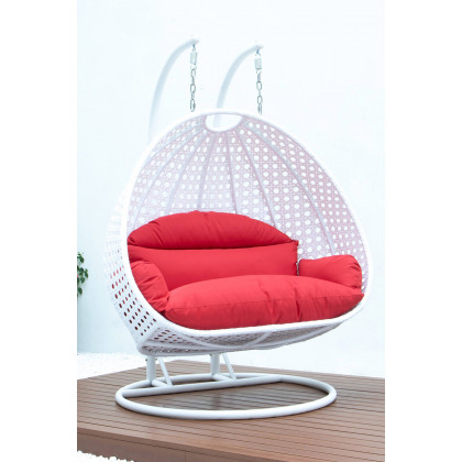 LeisureMod Modern White Wicker Hanging Double Seater Egg Swing Chair - Red