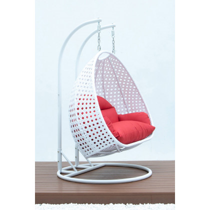 LeisureMod Modern White Wicker Hanging Double Seater Egg Swing Chair - Red