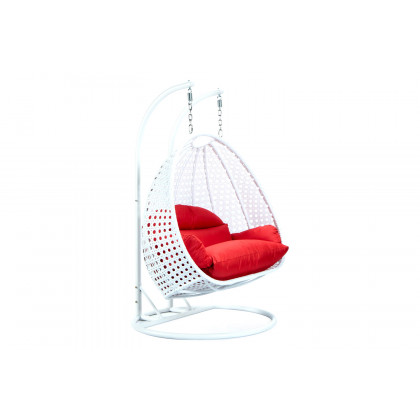 LeisureMod Modern White Wicker Hanging Double Seater Egg Swing Chair - Red