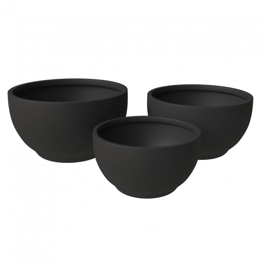 LeisureMod Grove Modern Round Planters Pot in Fiberstone (Set of 3) - Black