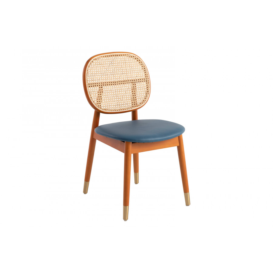 LeisureMod Holbeck Wicker Dining Chair With Upholstered Leather Seat - Navy Blue