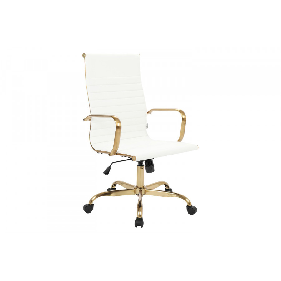 LeisureMod Harris High-Back Leatherette Office Chair with Gold Frame - White