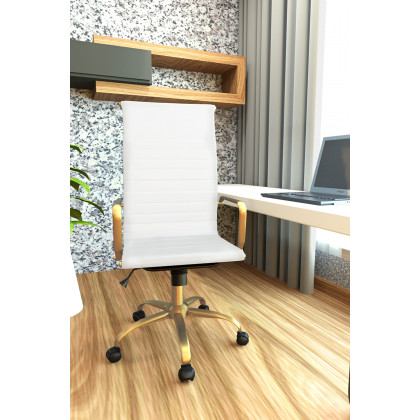 LeisureMod Harris High-Back Leatherette Office Chair with Gold Frame - White