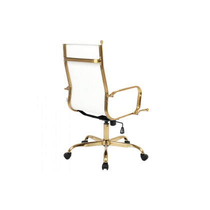 LeisureMod Harris High-Back Leatherette Office Chair with Gold Frame - White