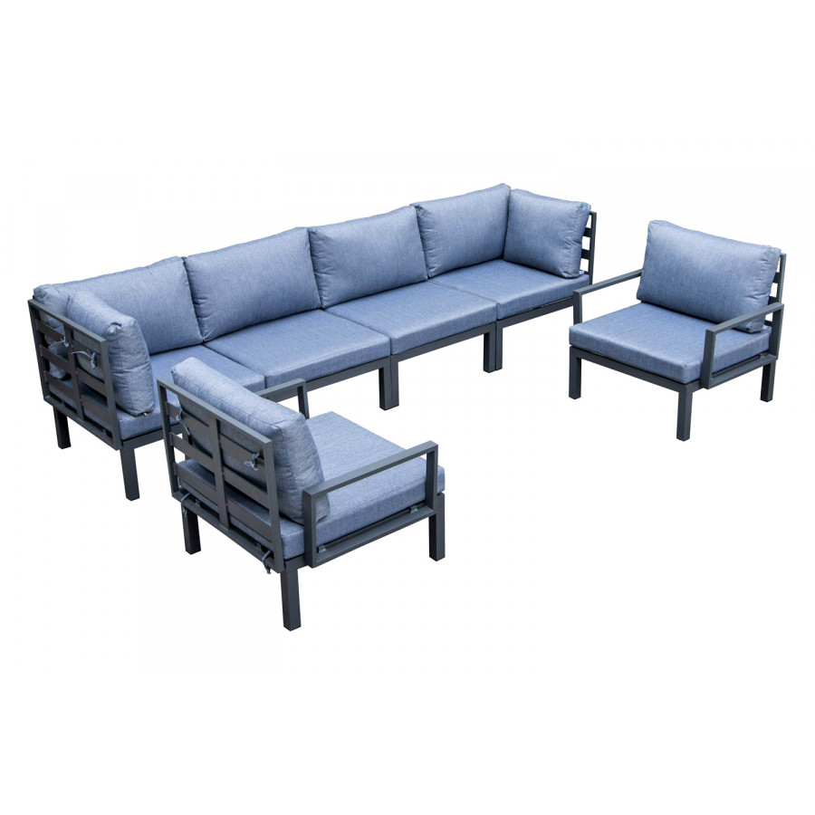 LeisureMod Hamilton 6-Piece Aluminum Patio Conversation Set with Cushions - Charcoal/Blue