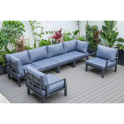 LeisureMod Hamilton 6-Piece Aluminum Patio Conversation Set with Cushions - Charcoal/Blue