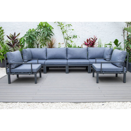 LeisureMod Hamilton 6-Piece Aluminum Patio Conversation Set with Cushions - Charcoal/Blue