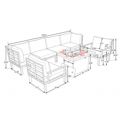 LeisureMod Hamilton 7-Piece Aluminum Patio Conversation Set with Fire Pit Table and Cushions - Green