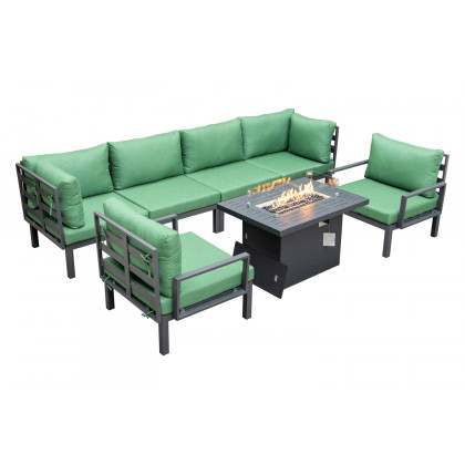 LeisureMod - Hamilton 7-Piece Aluminum Patio Conversation Set with Fire Pit Table and Cushions