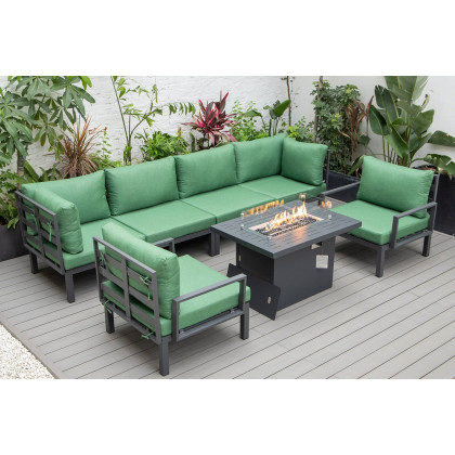 LeisureMod Hamilton 7-Piece Aluminum Patio Conversation Set with Fire Pit Table and Cushions - Green