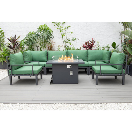 LeisureMod Hamilton 7-Piece Aluminum Patio Conversation Set with Fire Pit Table and Cushions - Green