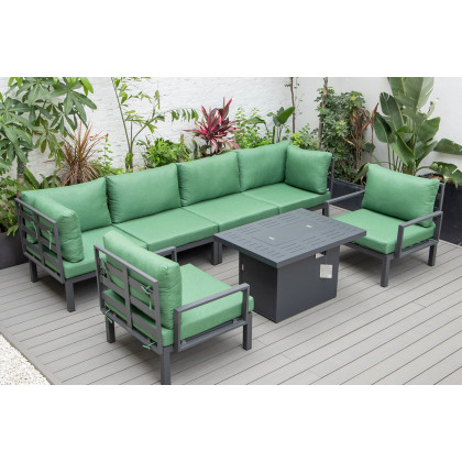 LeisureMod Hamilton 7-Piece Aluminum Patio Conversation Set with Fire Pit Table and Cushions - Green