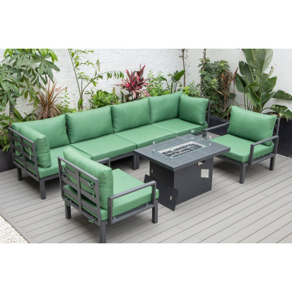 LeisureMod Hamilton 7-Piece Aluminum Patio Conversation Set with Fire Pit Table and Cushions - Green