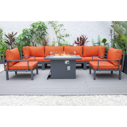 LeisureMod Hamilton 7-Piece Aluminum Patio Conversation Set with Fire Pit Table and Cushions - Orange