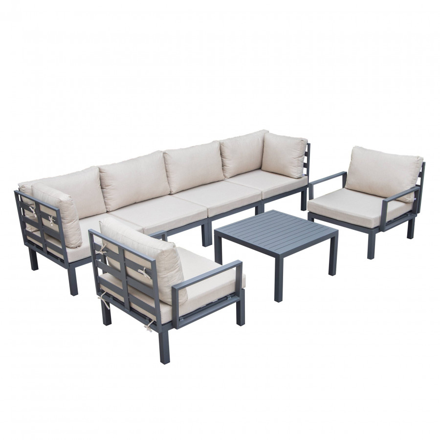 LeisureMod Hamilton 7-Piece Aluminum Patio Conversation Set with Coffee Table And Cushions - Beige
