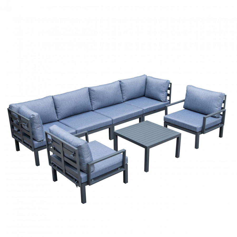 LeisureMod Hamilton 7-Piece Aluminum Patio Conversation Set with Coffee Table And Cushions - Charcoal Blue