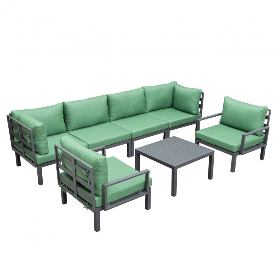LeisureMod Hamilton 7-Piece Aluminum Patio Conversation Set with Coffee Table And Cushions - Green